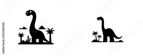 A modern art design featuring a silhouetted dinosaur and tree in black and white on a flat graphic background with outline illustrations