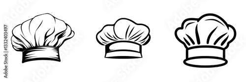 A funny retro doodle cap representing a chef hat icon, characterized by a vintage contour toque of a cooker, is commonly used as a mascot for restaurants, cafes, or pizzerias, and features a line