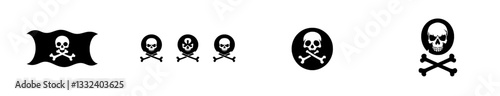 A modern black silhouette of a waving pirate flag with a skull and crossbones