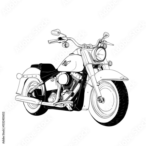 In a modern interpretation, a Harley motorcycle is shown in isolation on a white background, symbolizing a classic motorcycle concept that merges vintage monochrome style with contemporary flair, and