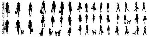 1. Black-clad fashionista silhouettes walking with dogs in a modern, chic lifestyle illustration