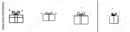 A gift box adorned with a bow and encircled by sparkles, depicted in simple line art, is perfect for symbolizing celebrations and festive events