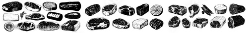 A collection of manually drawn black and white sketches showcasing various meats including steaks, chicken, kebabs, bacon, tenderloin, pork, beef, ham, and barbecue, presented in a vintage style
