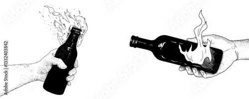 The Molotov cocktail represents rebellion, protest, and street crime, depicted in a bold street art and tattoo style with intense flames