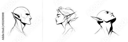 An outline drawing of an elf with pointed ears on a white background