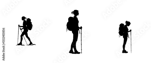 A modern illustration featuring an isolated silhouette of a mountain trekker on a white background
