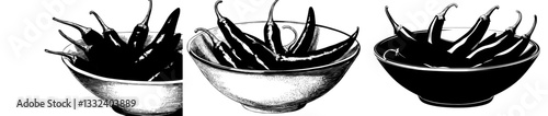 A chili pepper's outline is sketched with its spiciness, then chopped into circular pieces and secured within buns, while the pungent vegetable is engraved on a wooden plate in a rustic arrangement,