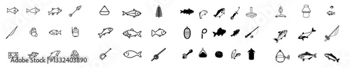 Modern illustration of a minimalist line art icon set for the fishing industry's catching production