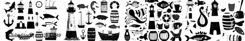 A lighthouse, boat, cabin, steering wheel, anchor, lifebuoy, barrel, boots, fish, and seagulls are depicted in a sea fishing scene, presented as a graphic linear drawing in black and white