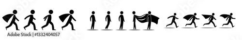 The Crawl Walk Run Fly icon set features stick figures in various stages of movement, isolated on a plain white background as clipart