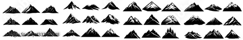 A compilation of monochrome mountain artwork featuring diverse peaks and scenery, perfect for themes related to the outdoors and adventure