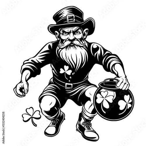 This modern illustration, generated using AI, features a leprechaun kicking a soccer ball and clutching a pot of gold, all set against a shamrock-filled background, rendered in a scratch board style