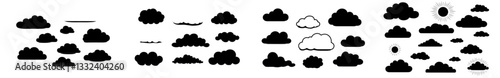A dark, solid cloud silhouette featuring varied shapes and rounded forms is presented as a cartoon illustration of a fluffy weather icon