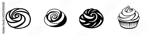 A cute kanelbullar bun icon is depicted in a hand drawn monochrome illustration on a white background, available in 10 modern EPS formats