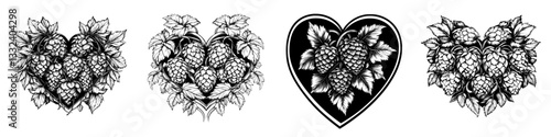 A heart-shaped arrangement of hops, barley, and leaves represents brewing, nature, and craftsmanship in a modern generative AI illustration, depicted as a sketch engraving with a scratch board
