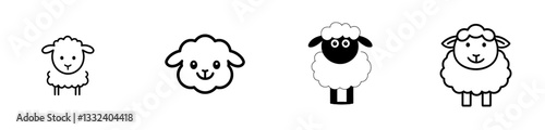 Simple and cute sheep illustration set with sheep outline or line art silhouette, modern in style and featuring smooth lines against a white background