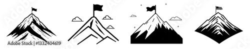 A hand-drawn icon depicting a flag atop a mountain represents a mission concept doodle, presented as a line clipart symbol in outline drawing form