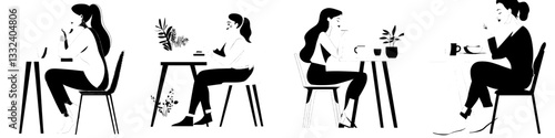 A lone woman's daily routine is depicted as she sits at a table in her home, a modern flat cartoon character clad in pajamas, consuming breakfast and a cup of coffee or tea while preparing for her