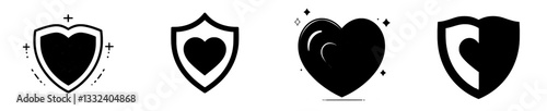 A minimalist line art icon depicts a shield protecting a heart, representing health insurance, healthcare, love, and protection for individuals and families
