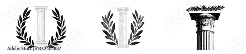 The modern style of a monochrome vintage image includes an antique column and laurel wreath