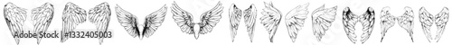 Collection of wing designs resembling those of angels or birds, featuring contemporary feather shapes, often used as medieval or heraldic symbols, representing heaven, celestial bodies, divinity, and