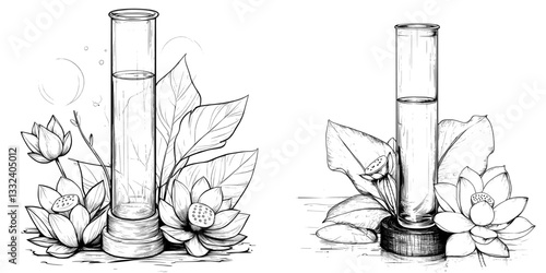 Pennywort, also known as gotu kola, is showcased as a hydrating herb in a hand drawn monochrome linear sketch, alongside Centella asiatica essential oils on a wooden stand, in a modern black and