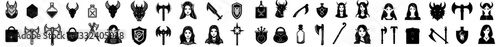 The fantasy RPG icon set features a hand-drawn dark line magic tattoo and a modern fairy tale black sign with an elf character, along with a dungeon dragon sticker print, witchcraft mystic badge, and