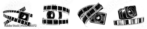 A single frame template from a film strip with an empty slot, featuring a vintage cinema reel and a grunge, grainy texture, presented as a modern retro illustration on a transparent background