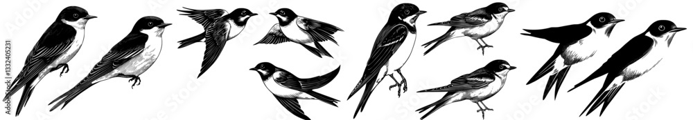 Fototapeta premium Illustrations of birds for decoration, including hand-drawn swallows and modern flying bird designs, are part of wildlife design elements and not stock