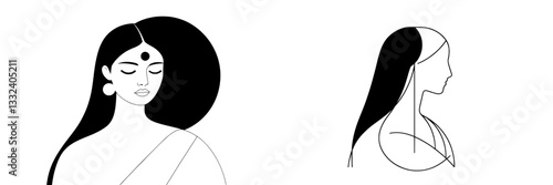 Vintage emblem or logo of Indian woman wearing a sari in black