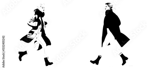 A stylish and confident female character is illustrated walking in windy weather, dressed in a coat and scarf, epitomizing urban style and modern fashion
