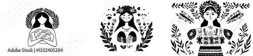 A Ukrainian woman is depicted wearing a wreath and holding a plate of dumplings, symbolizing a modern emblem