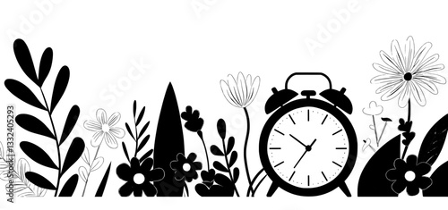 The Spring Forward info banner features a modern illustration and includes a tear-off calendar reminder for daylight saving time on March 9, 2025, with the text Set Your Clocks Forward One Hour