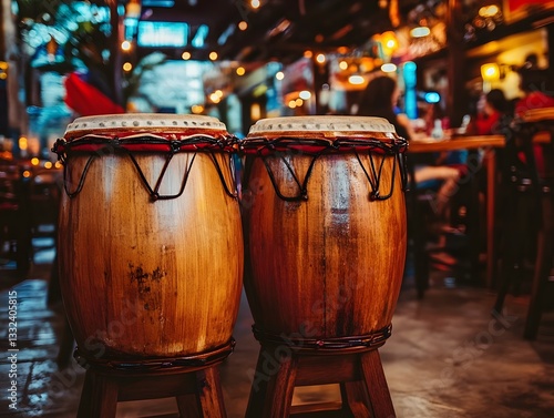 Traditional Cuban conga drums in a lively salsa club