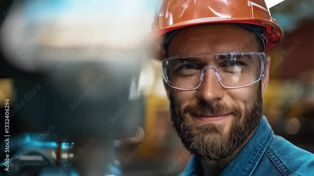 Professional industrial worker confidently standing in factory, wearing safety glasses and hardhat, smiling while surrounded by manufacturing equipment Professional industrial worker confidently standing in factory, wearing safety glasses and hardhat, smiling while surrounded by manufacturing equipment