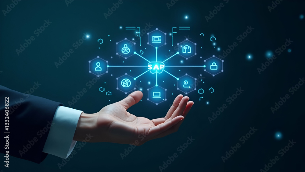 Flat Hand Engaging with Holographic SAP System Interface: Showcasing Business Process Automation, AI Integration, and Cloud Computing Icons for Modern Enterprise Solutions in a Cute Vector Style Flat Hand Engaging with Holographic SAP System Interface: Showcasing Business Process Automation, AI Integration, and Cloud Computing Icons for Modern Enterprise Solutions in a Cute Vector Style