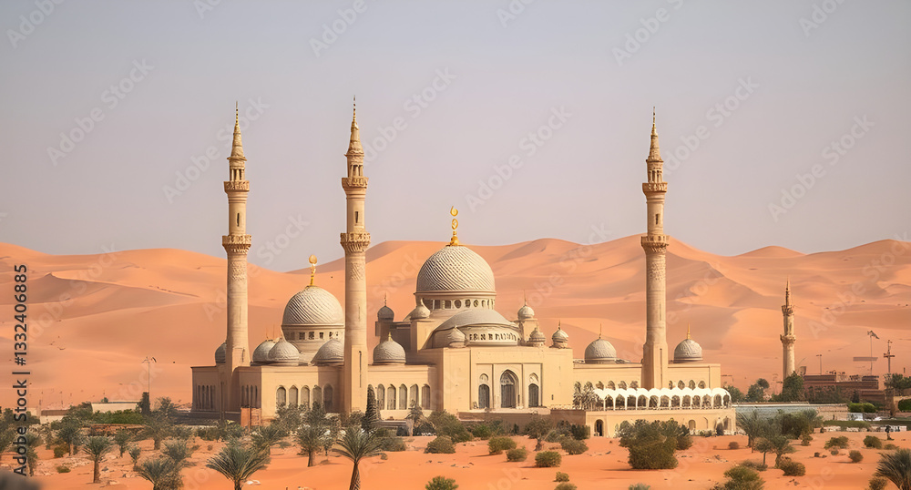 Obraz premium Islamic holy places, soft golden sand dunes, mosques in the middle of the Arabian desert nature background
