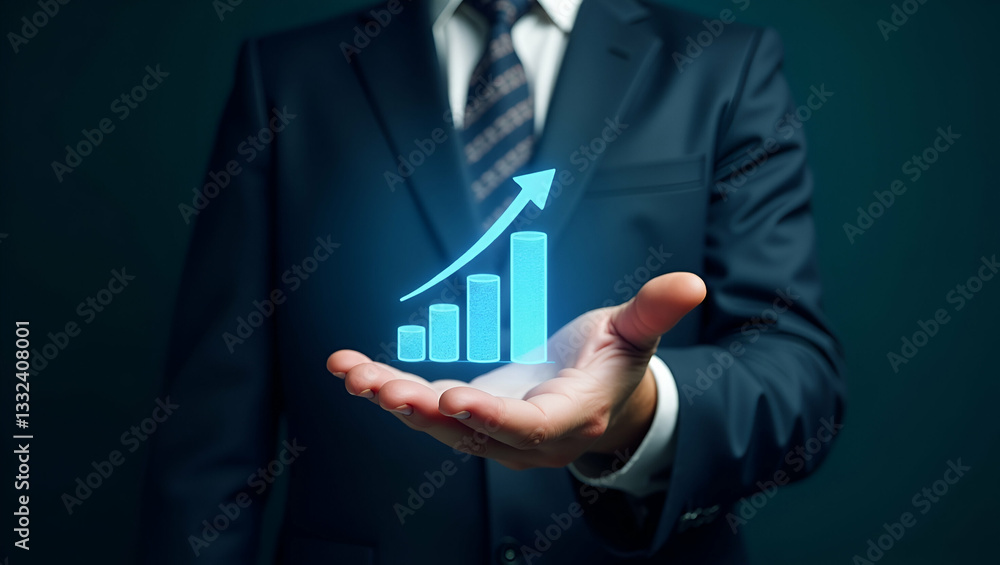 Flat Hand Showcasing Holographic Business Growth Symbol for Revenue Optimization in Minimalist Design Flat Hand Showcasing Holographic Business Growth Symbol for Revenue Optimization in Minimalist Design