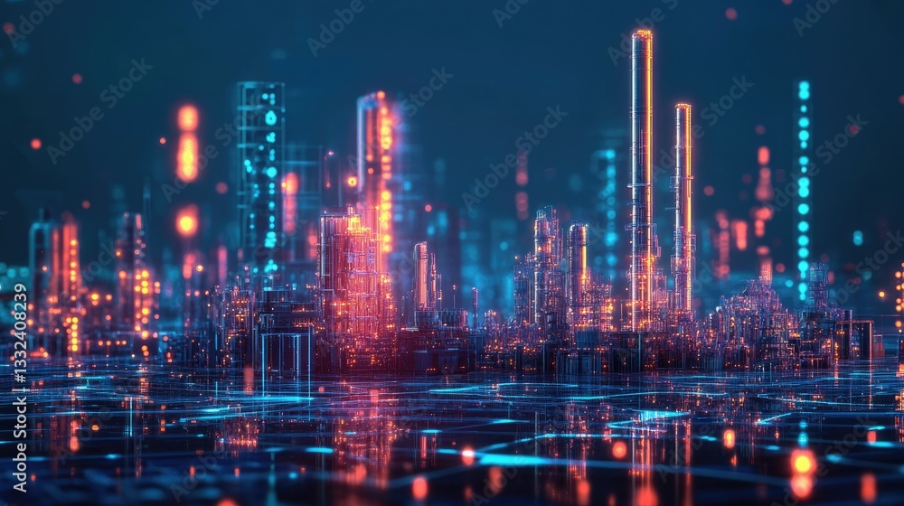 Fototapeta premium A futuristic industrial landscape with digital twin technology visualizing factory operations under neon lights.