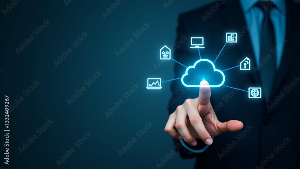 Flat Hand Typing on Holographic SaaS Interface: Showcasing Cloud Computing Software Platforms Icons in a Minimalist Vector Illustration for Smart Business Solutions Flat Hand Typing on Holographic SaaS Interface: Showcasing Cloud Computing Software Platforms Icons in a Minimalist Vector Illustration for Smart Business Solutions