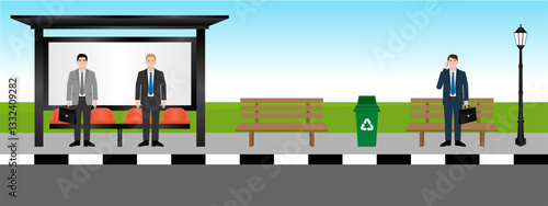 Man Waiting for Public Transport at Bus Stop or Bus Station. Vector Illustration.