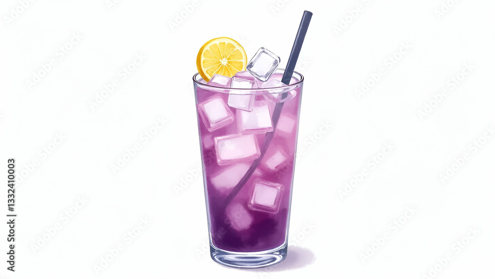 Refreshing Lavender Lemonade with Ice Cubes in Watercolor - Perfect for Summer Beverage Promotions Refreshing Lavender Lemonade with Ice Cubes in Watercolor - Perfect for Summer Beverage Promotions