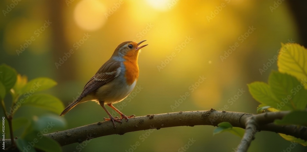 Obraz premium Golden light bathes robin singing its dawn song in treetop , picture, golden hour, bird