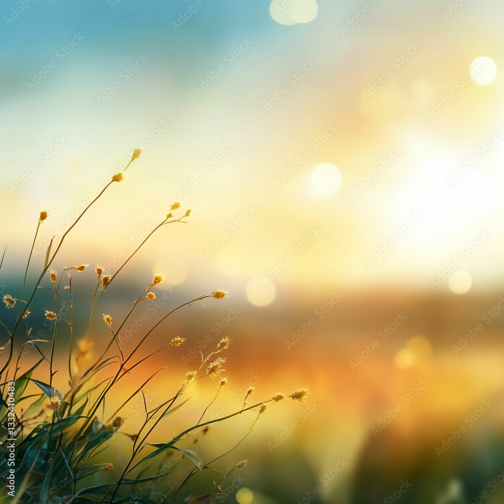 Vibrant Meadow with Wildflowers Under a Soft Golden Sunrise Vibrant Meadow with Wildflowers Under a Soft Golden Sunrise