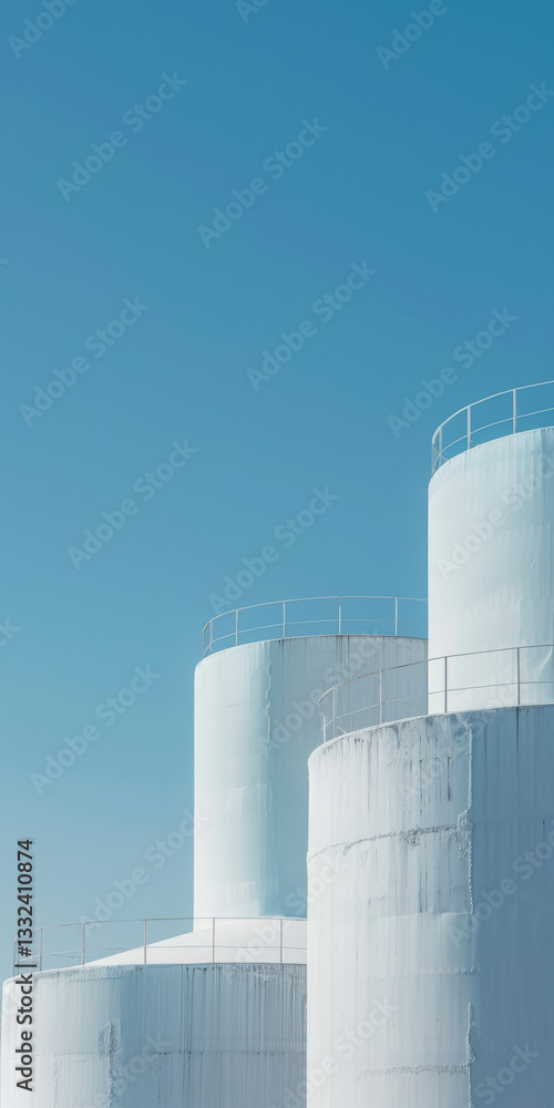 White industrial silos against clear blue sky on a sunny day White industrial silos against clear blue sky on a sunny day