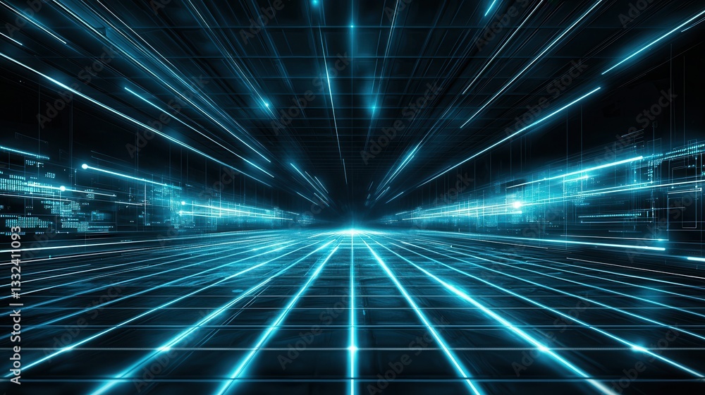Futuristic digital network with glowing blue lines and geometric patterns creating a high tech virtual atmosphere Futuristic digital network with glowing blue lines and geometric patterns creating a high tech virtual atmosphere
