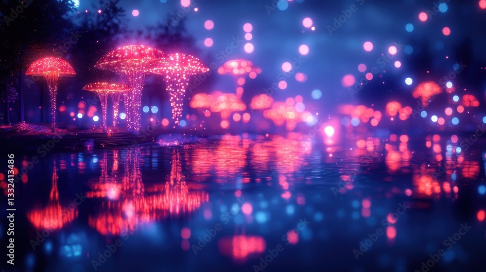 Fototapeta premium Glowing mushrooms by night lake, fantasy forest
