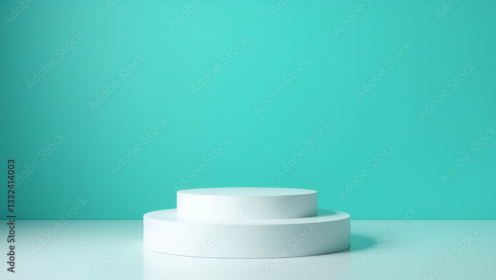 Stylish White Cylindrical Podium with Two Levels for Product Display Against Blue Green Wall - Perfect for Photo Stock Concepts with Empty Space for Customization Stylish White Cylindrical Podium with Two Levels for Product Display Against Blue Green Wall - Perfect for Photo Stock Concepts with Empty Space for Customization