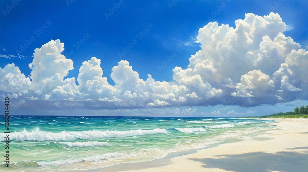 Fototapeta premium Serene Beach Scene with Turquoise Water and Fluffy Clouds Above