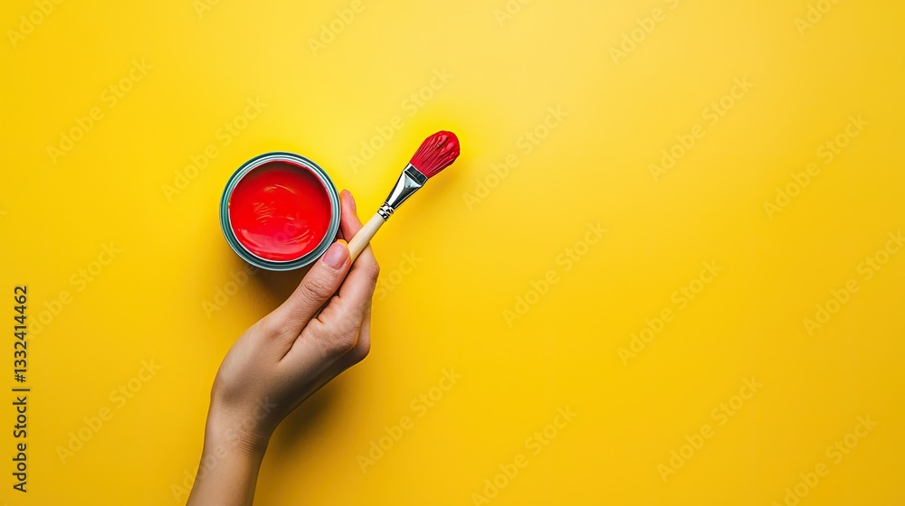 A hand holding a paintbrush with red paint, poised above an open can, set against a smooth yellow surface. A hand holding a paintbrush with red paint, poised above an open can, set against a smooth yellow surface.